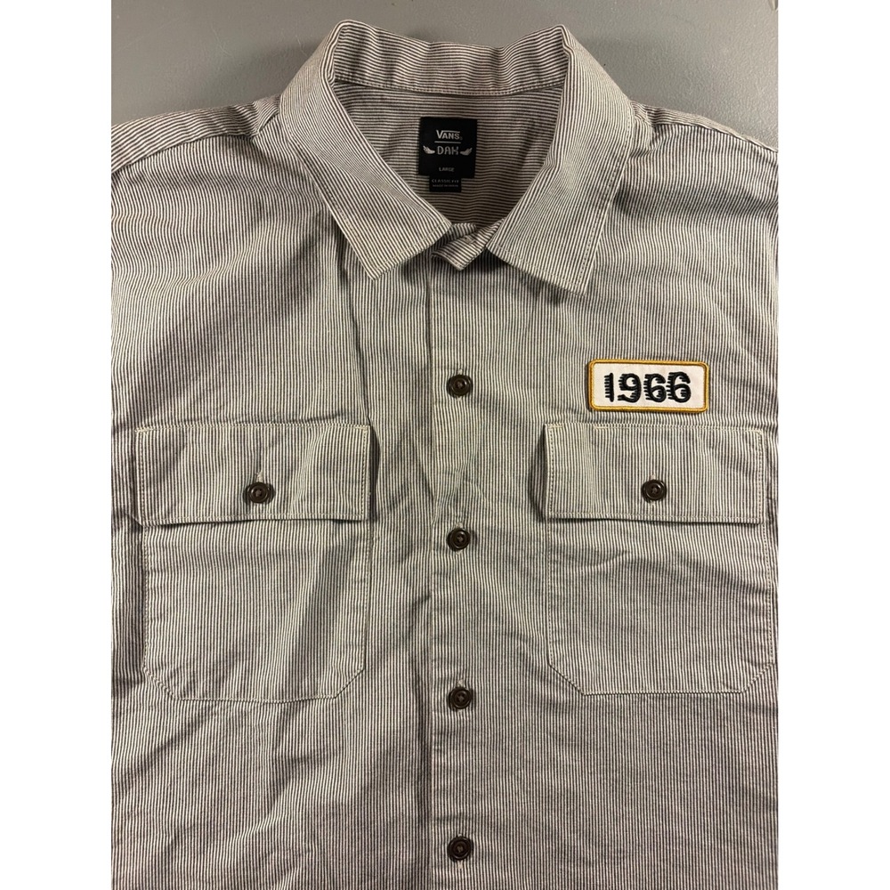 Vans Dak Button Down Shirt Mens Large Blue White Stripe 1966 Patch Classic Fit